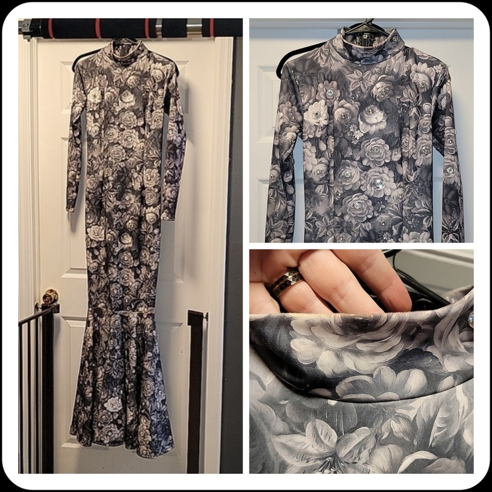Drag Queen Grayscale Floral Bejeweled Gown - MED Stretch